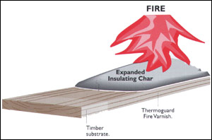 Wood protected from fire by Intumescent Varnish